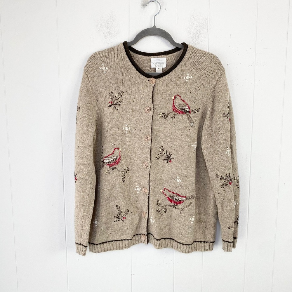 VTG Christopher & Banks Cardinal Bird Hand Embroidered Cardigan Sweater Tan XL